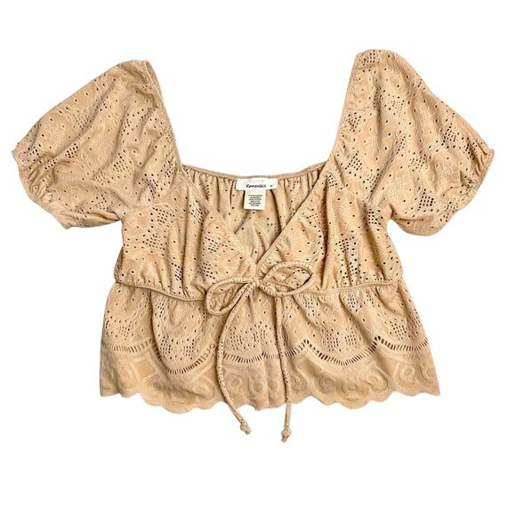 Urban Romantics Coquette Eyelet Crop Top Sz M Puff Sleeve Beige Cottagecore - Picture 1 of 5